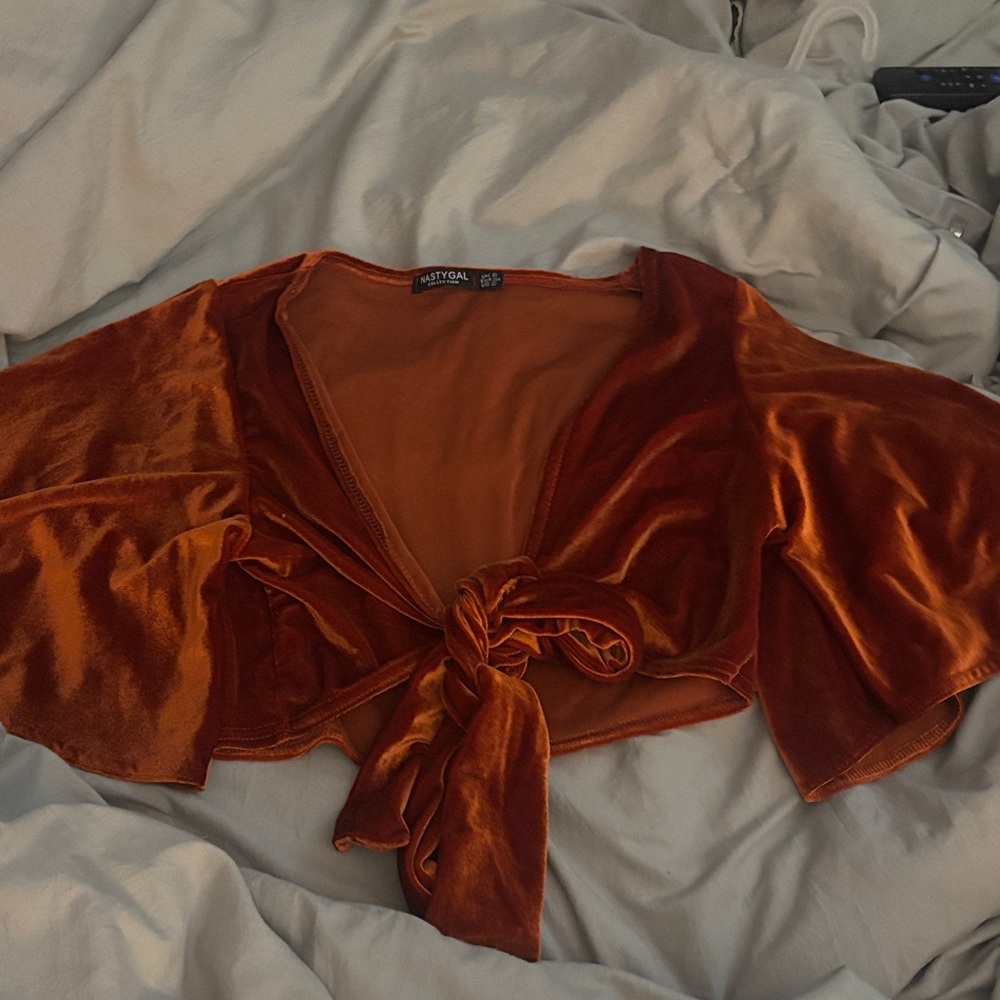 Nasty Gal Rust Velvet Tie-Front Crop Top